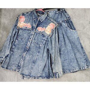 Pretty Bleu Shirt Skirt Womens Medium Blue Floral Embroidered Vintage 2 Piece